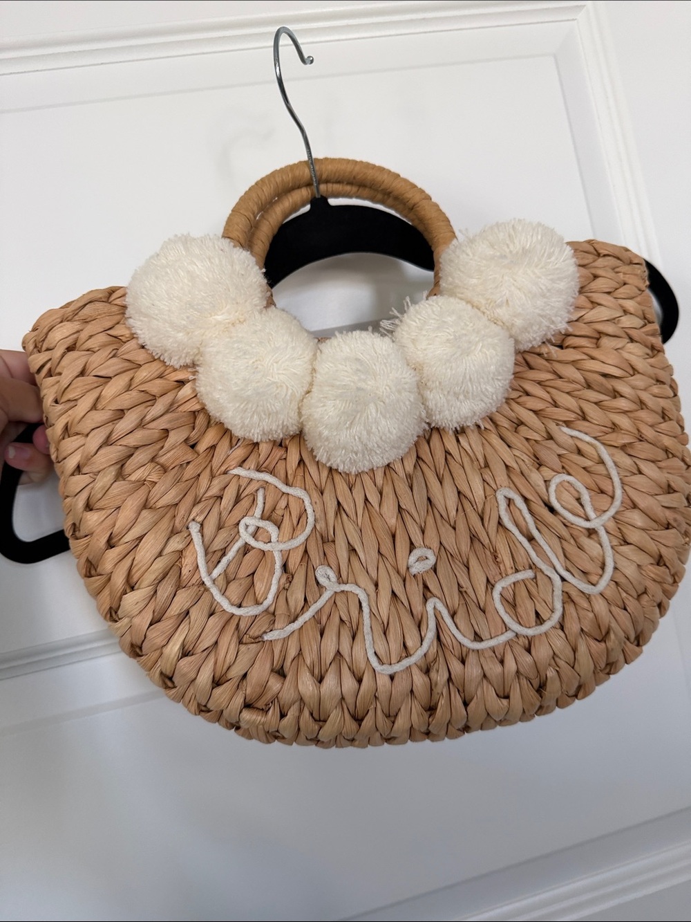Bride Woven Straw Handbag with Cream Pom-Pom Trim